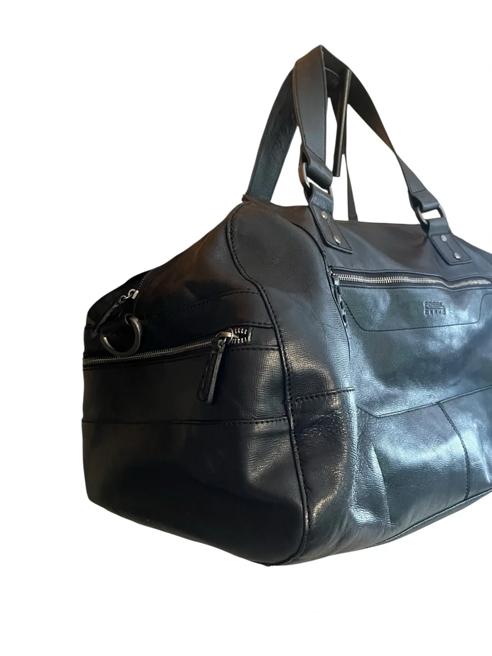 Vintage Fossil Brand Black Leather Weekender Duffel Bag